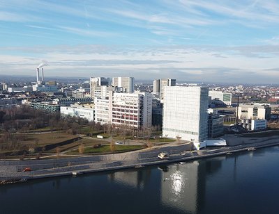 Campus Novartis à Bâle avec la Via Columbani sur la rive gauche du Rhin