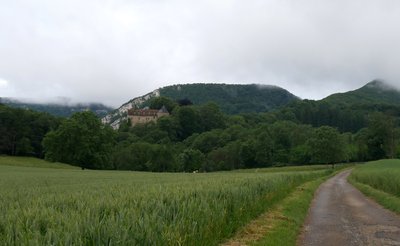 Vue du château de Roulans dans sa végétation depuis la Via Columbani