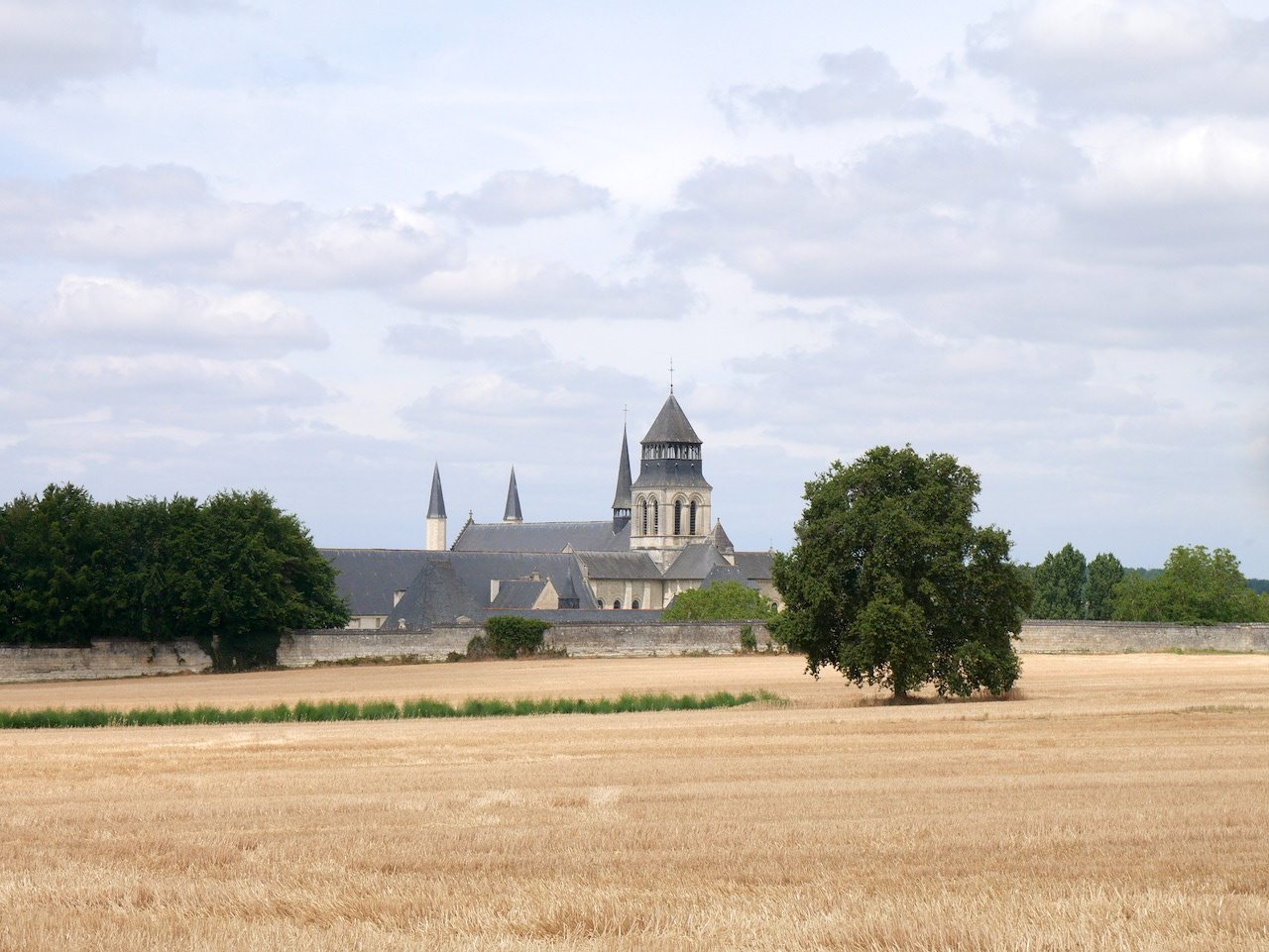 Le clocher de Notre-Dame de Fontevraud sur la via Columbani