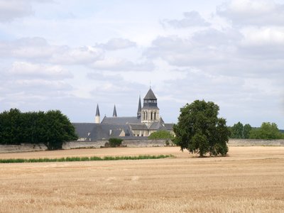 Le clocher de Notre-Dame de Fontevraud sur la via Columbani